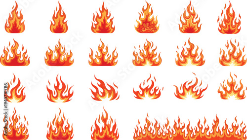 fire flame icon set, cartoon fire collection, burning flame elements, heat blaze illustration, campfire and wildfire graphic design elements