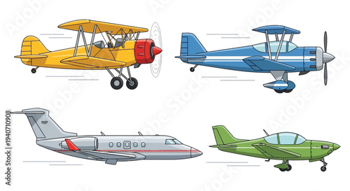 A colorful illustration depicts various aircraft in flight including biplanes and jets presented as a silhouette high quality professional detailed modern