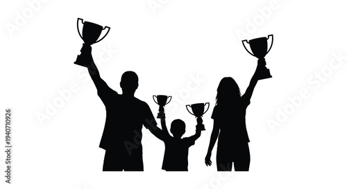 A victorious group celebrates with raised trophies displaying a striking black silhouette high quality professional detailed modern elegant stylish clean crisp