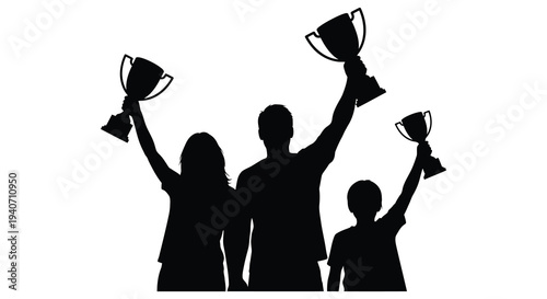 A family of three celebrates a victory raising golden trophies in a striking black silhouette high quality professional detailed modern elegant