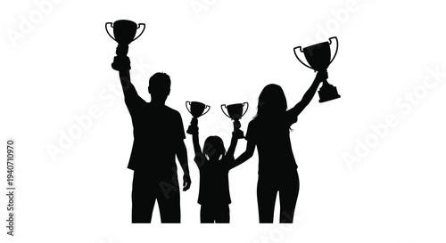 A group of people celebrate victories by raising golden trophies in a stark black silhouette high quality professional detailed modern elegant