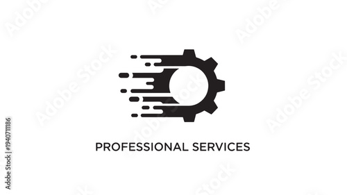 A modern black logo featuring a gear icon with dynamic speed lines, representing professional services, business solutions, and efficiency on a white background.
