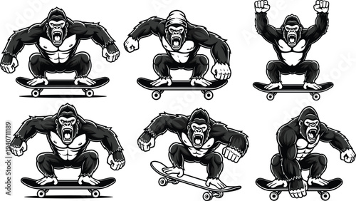 gorilla skateboard character set, aggressive ape mascot, skateboarding gorilla illustration, street sport mascot, extreme skateboard animal character
