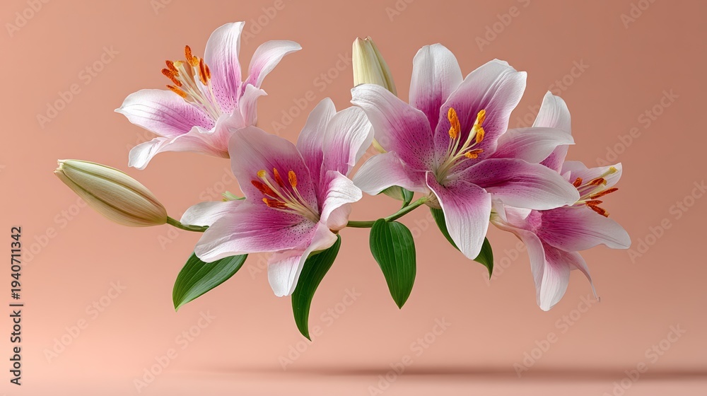 Obraz premium Pink and white lilies with green leaves arranged artistically against a soft peach background, showcasing the delicate beauty of floral design in a modern aesthetic