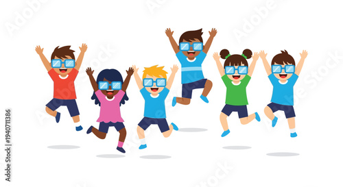 A group of children joyfully jumping and wearing 3d glasses depicted in a flat colorful silhouette high quality professional detailed modern