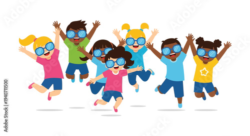 A group of diverse children joyfully jumping with arms raised all wearing vibrant sunglasses a silhouette high quality professional detailed