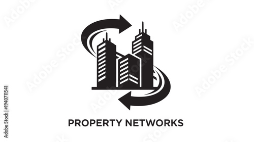 A  logo featuring a stylized cityscape with three buildings surrounded by curved arrows, symbolizing property networks and connections.