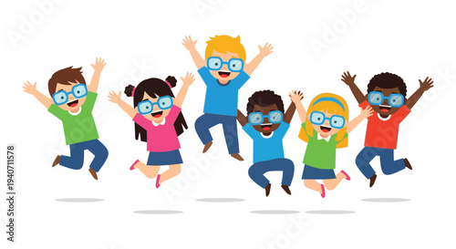 A group of six joyful children with raised arms are jumping showcasing a playful and energetic silhouette high quality professional detailed