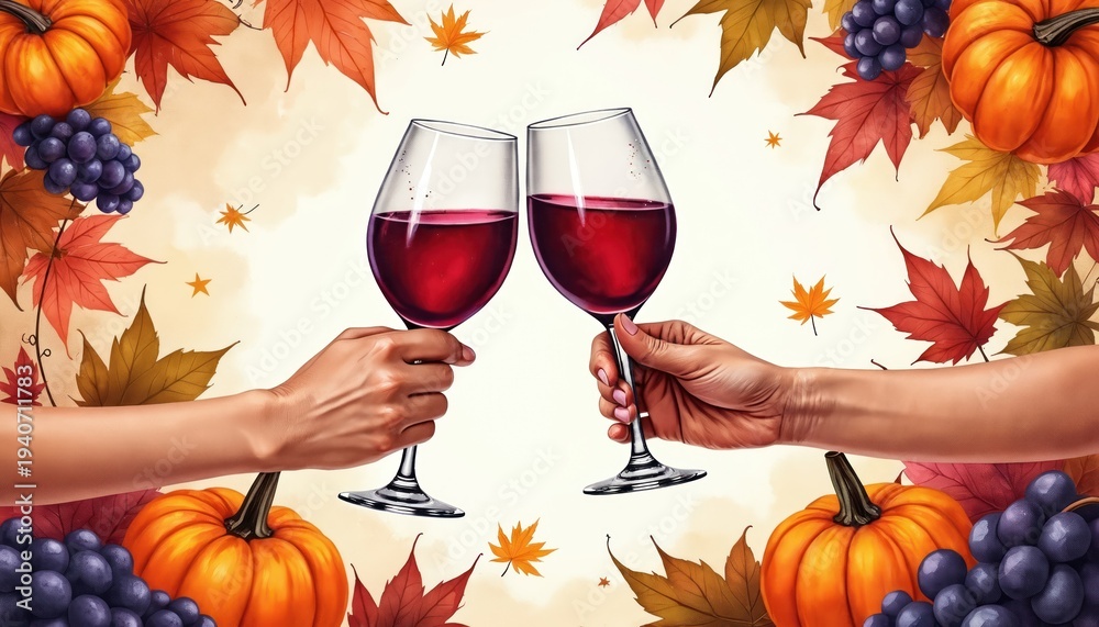 Fototapeta premium Two hands hold wine glasses, making a toast. Pumpkins, grapes, and autumn leaves surround them. Celebration time with seasonal harvest bounty.