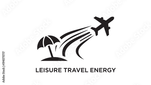 A  logo featuring an airplane flying towards an umbrella, representing leisure travel energy and tourism, with a bold and dynamic design.
