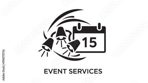 A  logo featuring spotlights shining on a calendar marked with the date 15, symbolizing event services and planning.