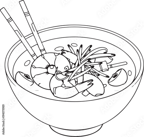 Tom Yum Goong Thai Soup Dish Cuisine Hand-drawn Sketch Drawing Vector Illustration, Line Linear Symbol Black and White Engraving, Isolated