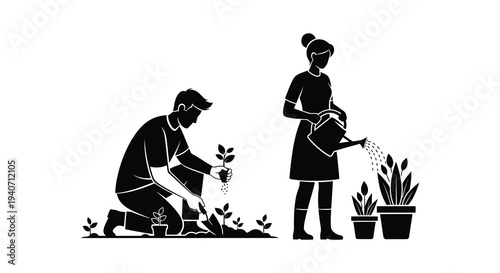 A couple is gardening together a man planting and a woman watering depicted in a stark silhouette high quality professional detailed