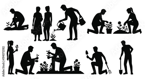 A collection of black silhouettes depicting people gardening and tending to plants showcasing various poses silhouette high quality professional detailed modern