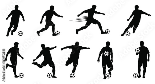 A collection of dynamic soccer player silhouettes in various action poses with accompanying soccer balls silhouette high quality professional detailed modern