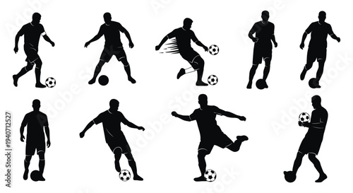 A collection of black silhouettes depicting various dynamic soccer players in action with a soccer ball silhouette high quality professional detailed