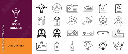 Reward and achievement icon set with gift medal certificate and trophy symbols, minimal line vector collection for loyalty program and success