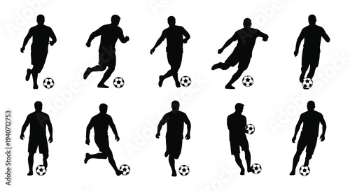 A collection of dynamic soccer player silhouettes in various action poses with accompanying soccer balls high quality professional detailed modern elegant