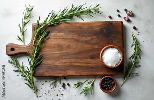 Rustic wooden cutting board with fresh rosemary sprigs, coarse sea salt, black peppercorns. Overhead view of culinary ingredients arranged for food preparation on textured surface, ready for recipe
