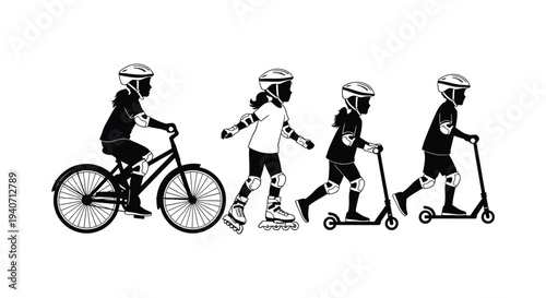 A series of black silhouettes depicts a child s progression through various modes of transport bicycle roller skates scooter silhouette