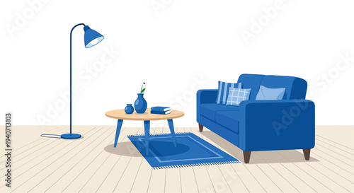 A minimalist living room setup showcases a blue sofa, a round coffee table with decor, a floor lamp, and a rug on a light wooden floor.