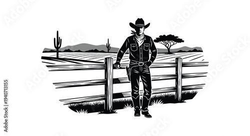 A vintage style illustration depicts a cowboy leaning on a fence in a desert landscape silhouette high quality professional detailed modern elegant