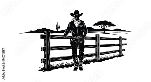 A lone cowboy leans against a wooden fence in a desert landscape showcasing a striking silhouette high quality professional detailed modern