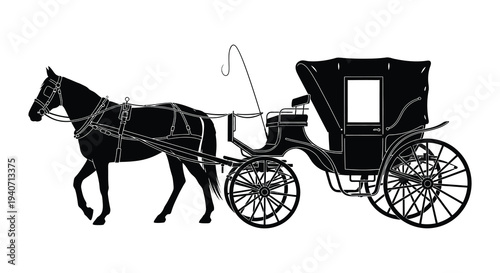 A striking black silhouette depicts a horse drawn carriage showcasing classic elegance and historical transport silhouette high quality professional detailed modern elegant
