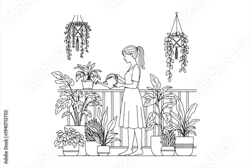 Woman watering plants on a serene balcony filled with lush greenery and hanging vines in a beautiful vector illustration of a peaceful outdoor space.