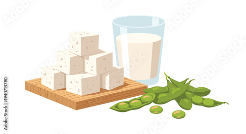 A wooden board features a stack of tofu cubes, a glass of soy milk, and a generous pile of edamame pods and beans.