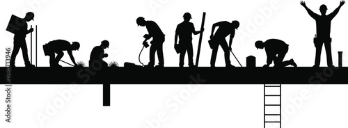 Construction Workers Silhouette Team Building Structure with Tools Industrial Labor Worksite Vector Illustration Collection