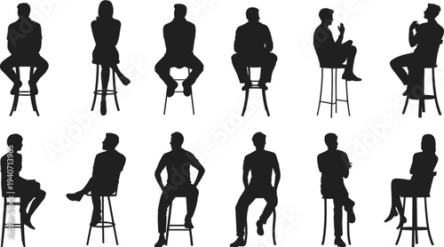 People Sitting on Stools Silhouette Collection Men and Women Seated Pose Set Conversation Interview Vector Illustration