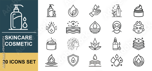 Skincare and Cosmetic Outline Icon Set with Serum, Lotion, Cream Jar, Aloe, Water Drop and Beauty Symbols