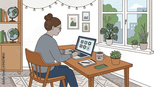 Young Woman Freelancer Working Remotely from Cozy Home Office