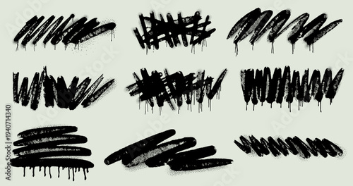 Graffiti spray paint squiggly lines with drips, splatters. Curly loop stroke, bold brush underlined, ink blots with aerosol effect. Grunge clipart hand drawn street elements for poster, sticker, cover
