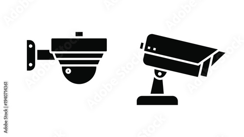Two black security cameras displayed in a stark graphic silhouette