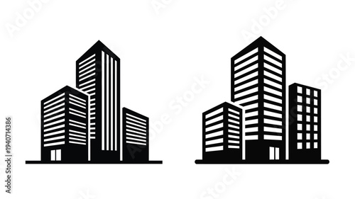 Simple black silhouettes of modern city buildings against a white backdrop silhouette