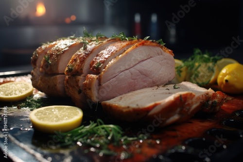 A delicious piece of meat served on a plate with fresh lemons and fragrant herbs. Perfect for food and cooking-related projects.