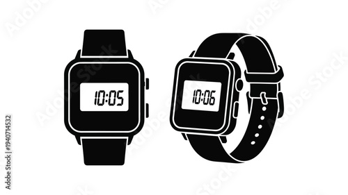 Two digital wristwatches displaying time a striking black silhouette