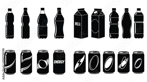 Various beverage containers depicted in a stark black silhouette