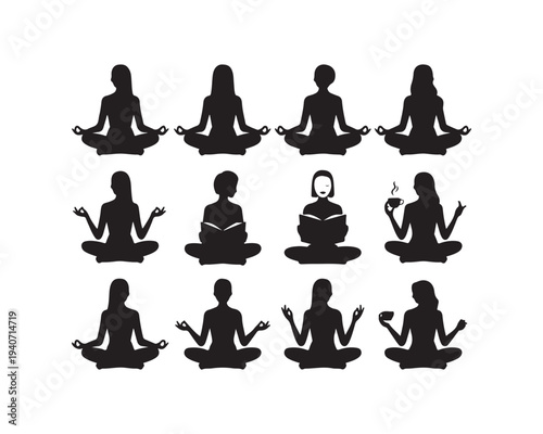 Twelve black silhouettes of women in meditation poses reading books and holding coffee cups on a white background Keywords