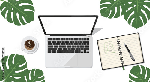 An open silver laptop with a blank screen, a coffee cup, and a notebook with a pen are arranged on a white surface, framed by large green monstera leaves.