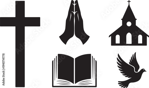 Christian Religion Icons Vector Set Cross Prayer Hands Church Bible and Dove Symbols