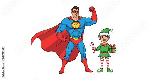 A muscular superhero stands with a cheerful elf creating a festive and powerful image silhouette high quality professional detailed modern elegant
