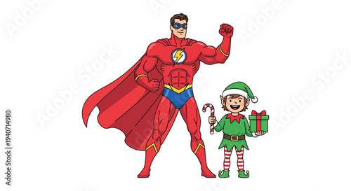 A muscular superhero stands proudly with a cheerful elf showcasing a festive dynamic composition silhouette high quality professional detailed modern elegant