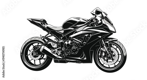 A detailed illustration of a black motorcycle with prominent features presented in a striking silhouette high quality professional modern elegant stylish