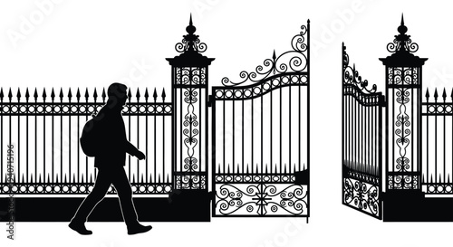 A man walks past ornate iron gates rendered as a striking black silhouette high quality professional detailed modern elegant stylish clean