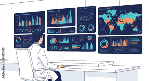 A health worker analyzes data on multiple screens displaying graphs and maps in a flat 2D style, post pandemic, in a minimalist workspace.