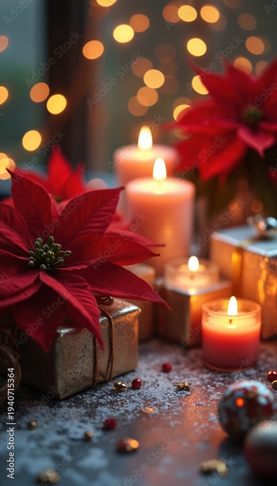 Obraz premium Red poinsettia flowers sit with lit candles and gold gift boxes. Winter holiday scene has bokeh lights for festive mood. Christmas celebration still life.