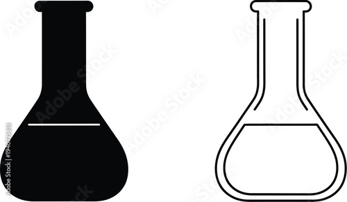 Black and white laboratory flask icons isolated on transparent background, Vector